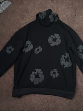 Men's Black Turtleneck with Gray Floral Motif